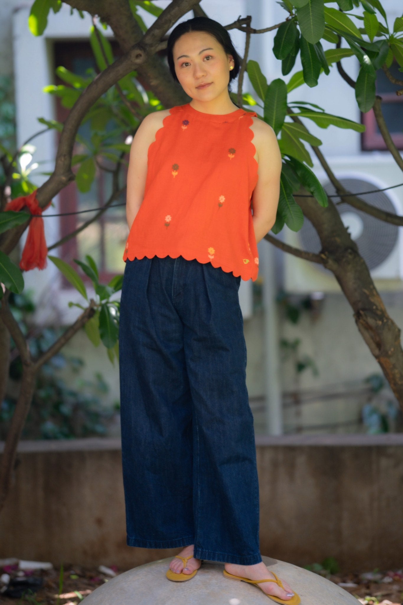 Madrid Orange Crop Top from Jamdani with scalloped details - Full