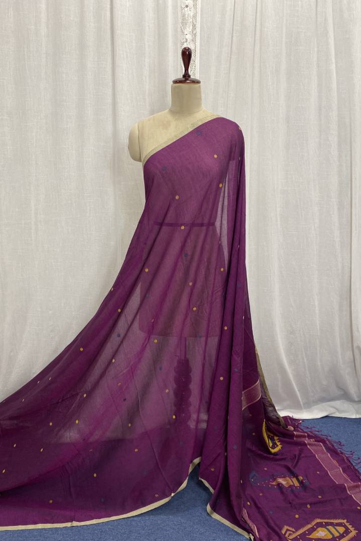 Magenta Jamdani Saree with Golden and Blue Motifs