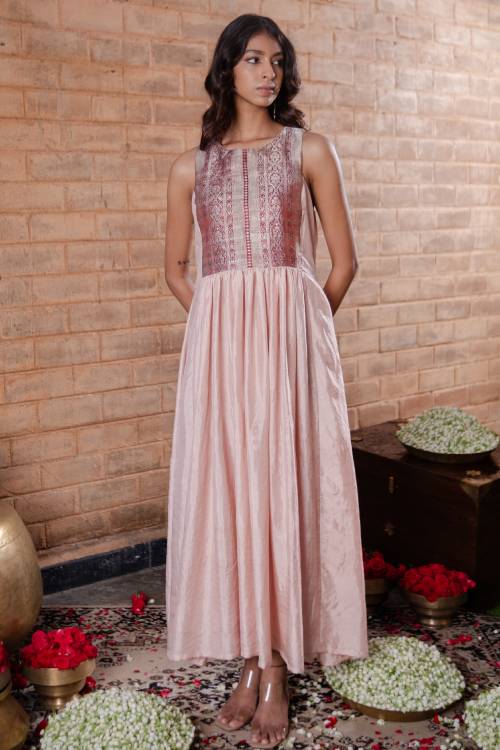 Sleevless long dress with vintage benaras yoke and gathers at front-Maud