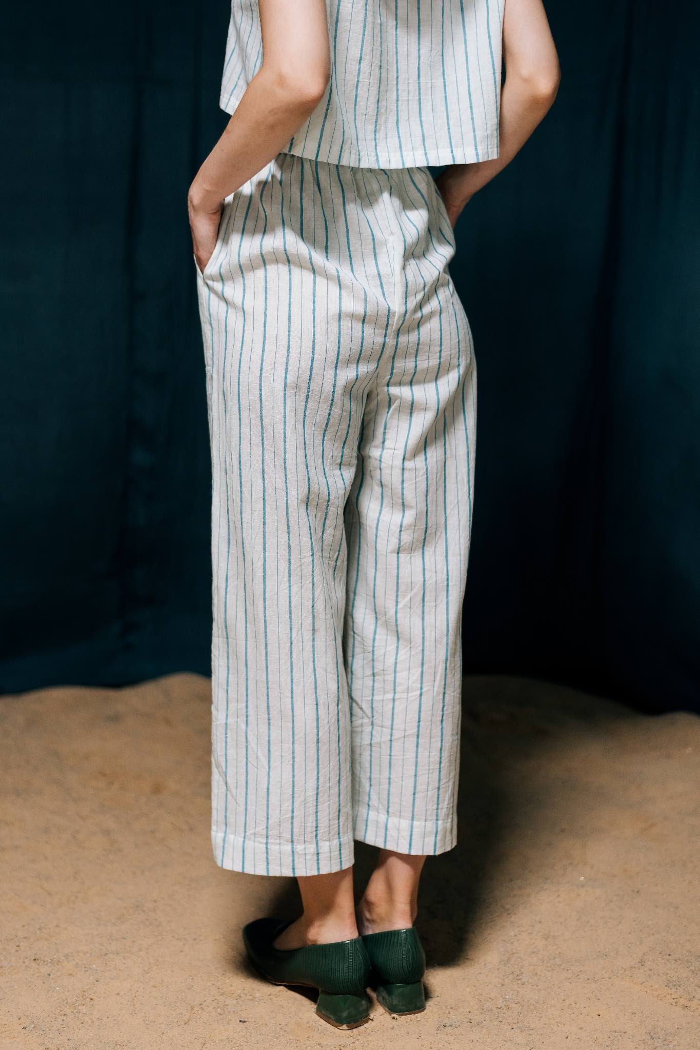 Mrinmoyee Striped Culottes of khadi, relaxed fit, paper bag waist - Back