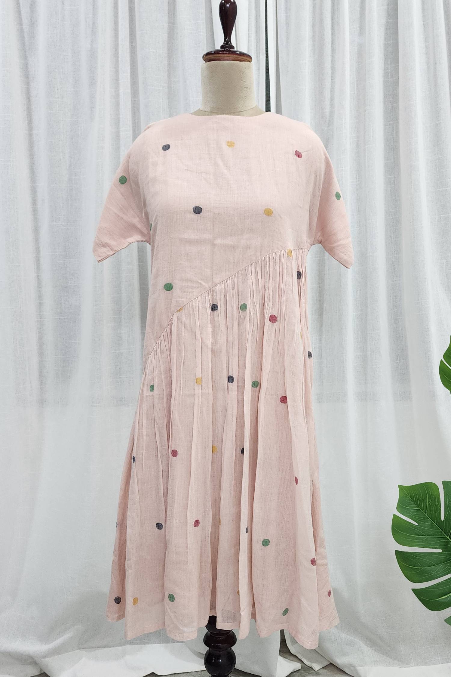 Jamdani peach dress with polka dots