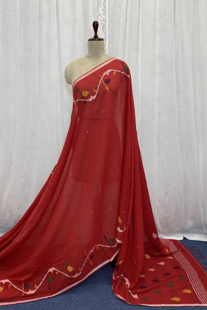 Red Jamdani Saree with Multicolour Floral Border