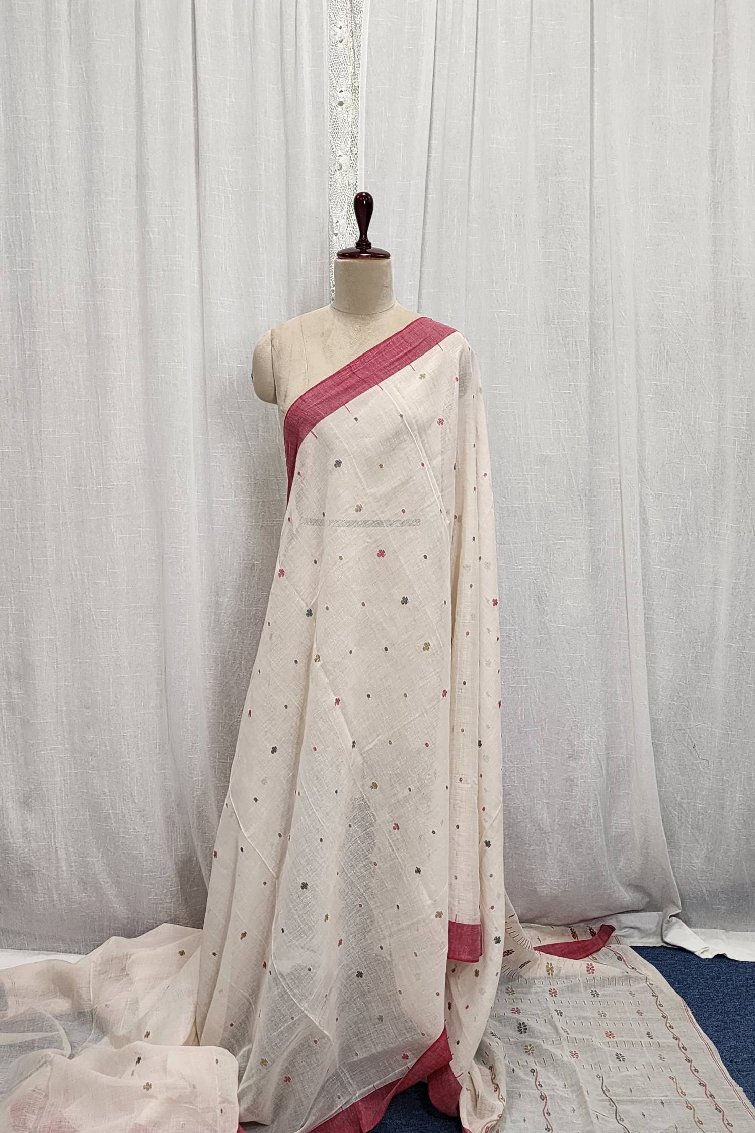 Ivory Handspun and Handwoven Jamdani Saree with Multicolour Butis & Pink Border