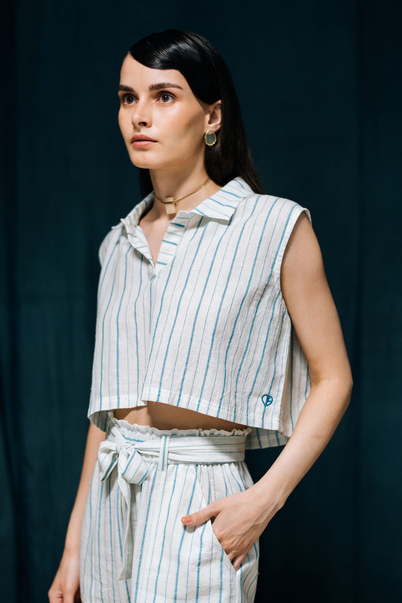 Mrinmoyee Blue and white striped crop top, collared, sleeveless - Full