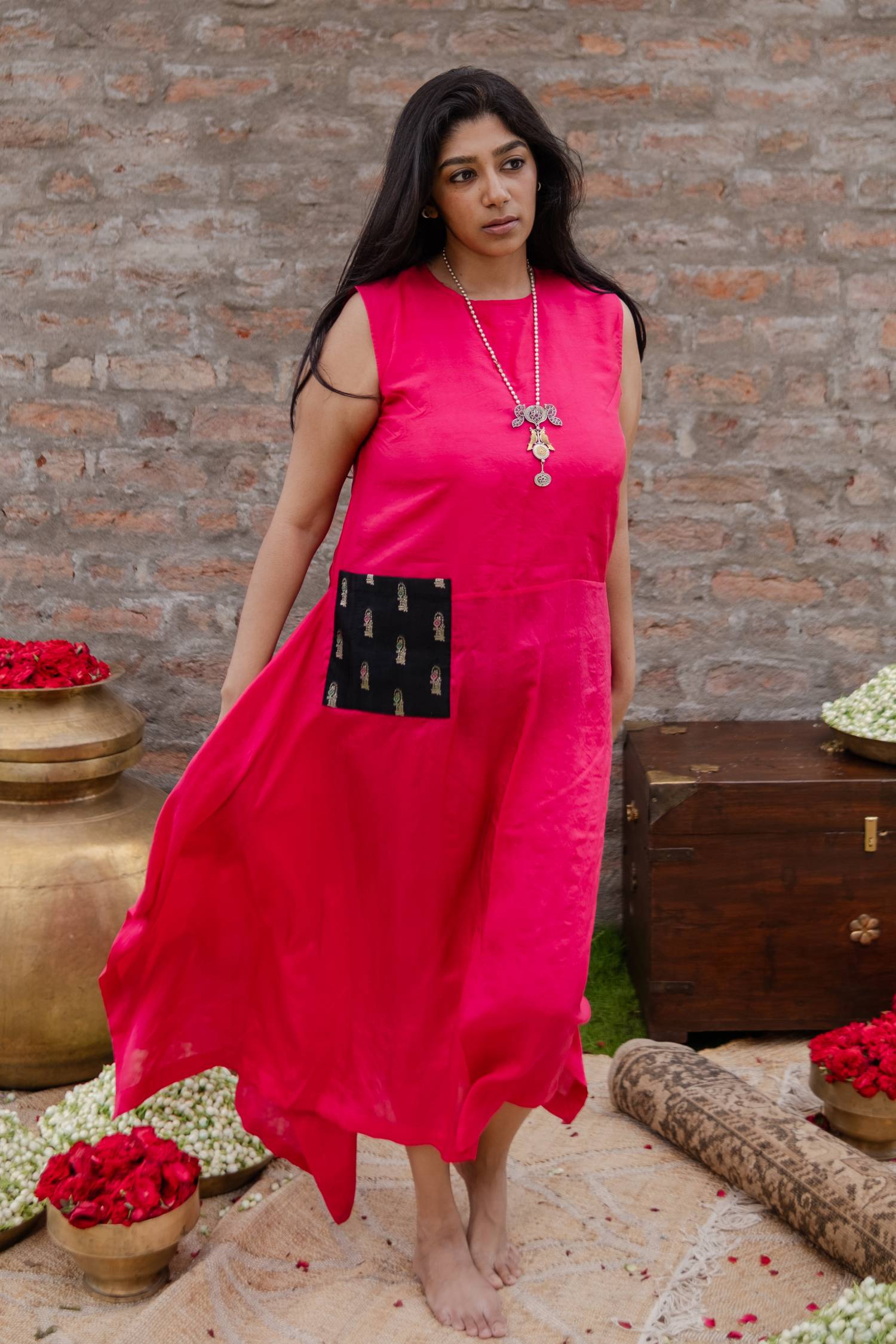 Silk asymmetrical sleeveless dress with vintage Benaras pocket- Sugandha