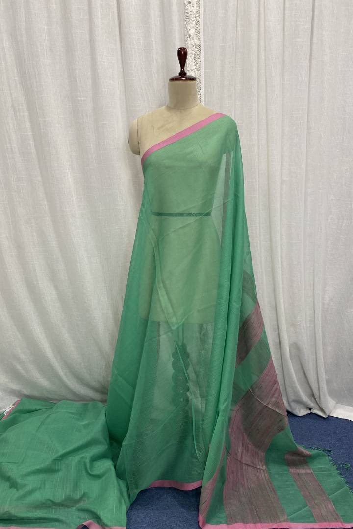 Green Cotton Silk Saree with Pink Gicha Silk