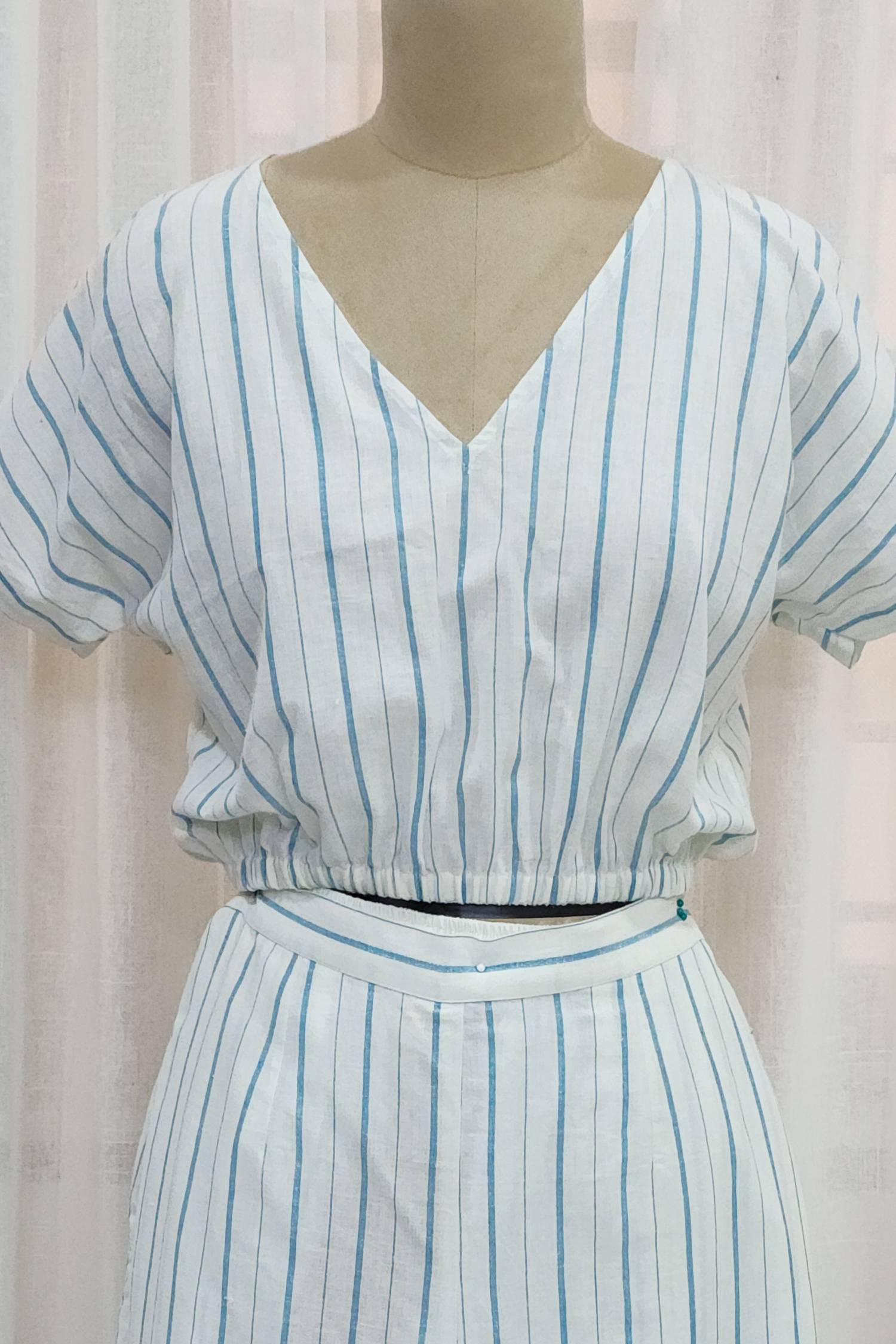 White co-ord set with blue stripes