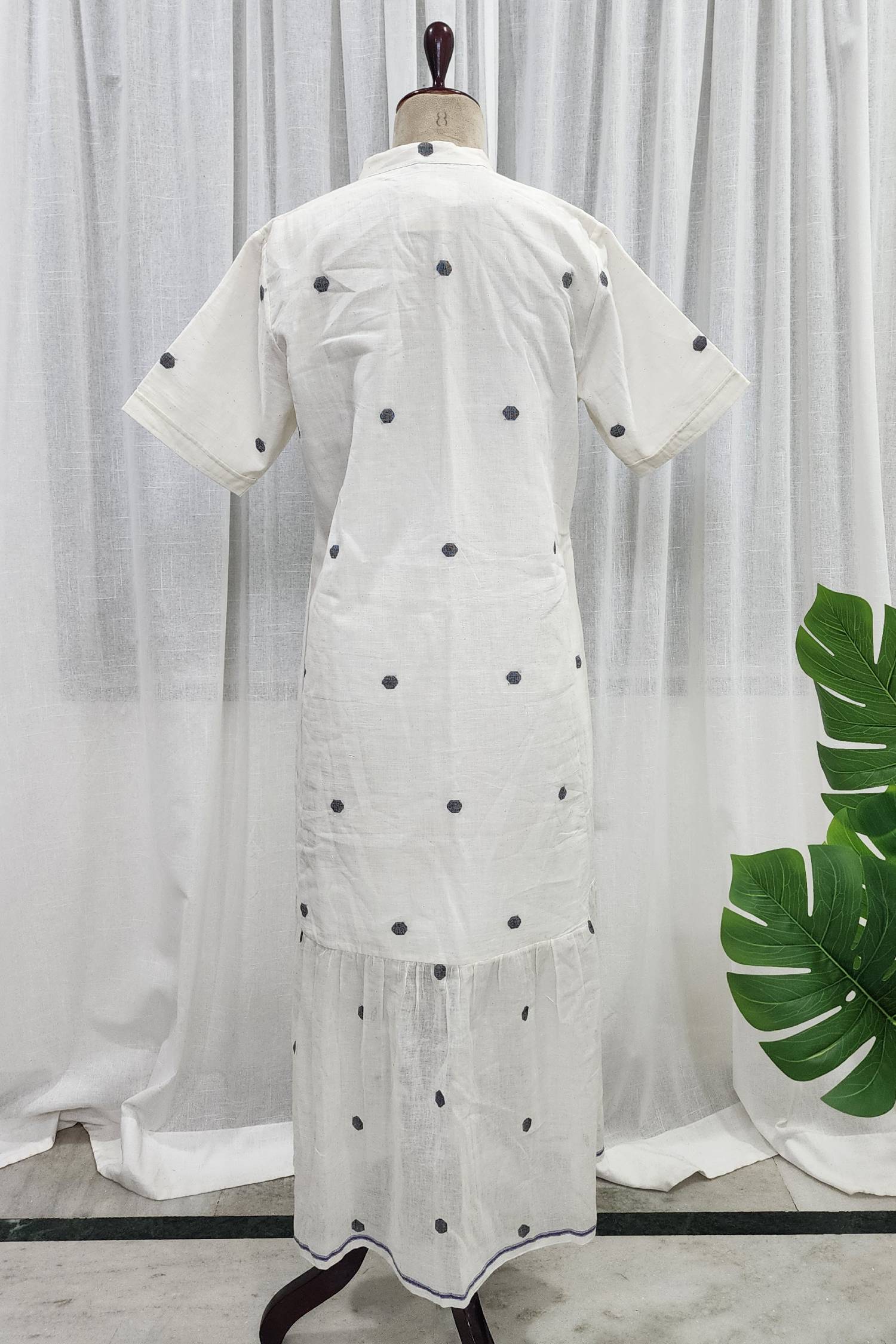 Jamdani white maxi dress with black polka dots