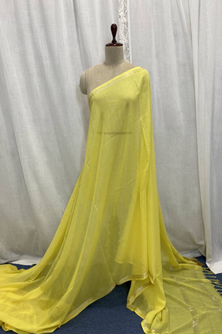 Yellow Muslin Saree with Zari Border