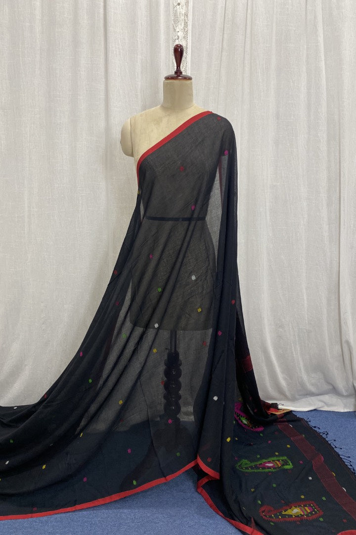 Black Muslin Jamdani Saree with Colourful Buttis