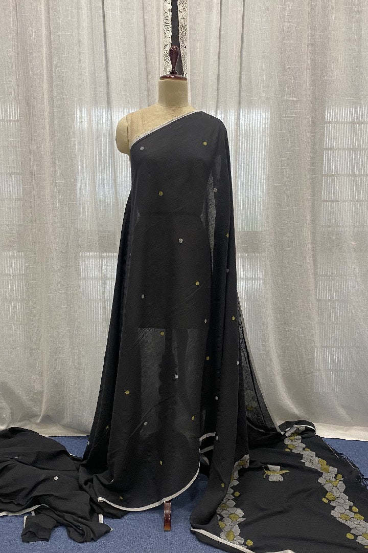 Black Muslin Jamdani Saree with Honeycomb Pallu