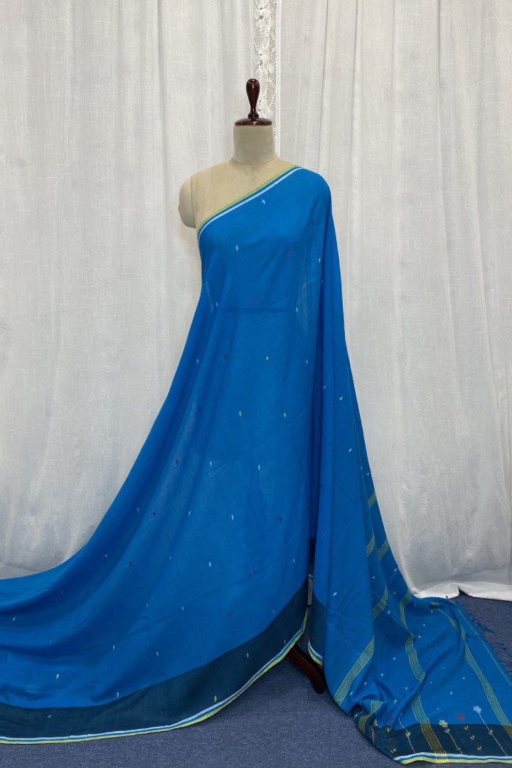 Blue Jamdani Saree with Contrast Border