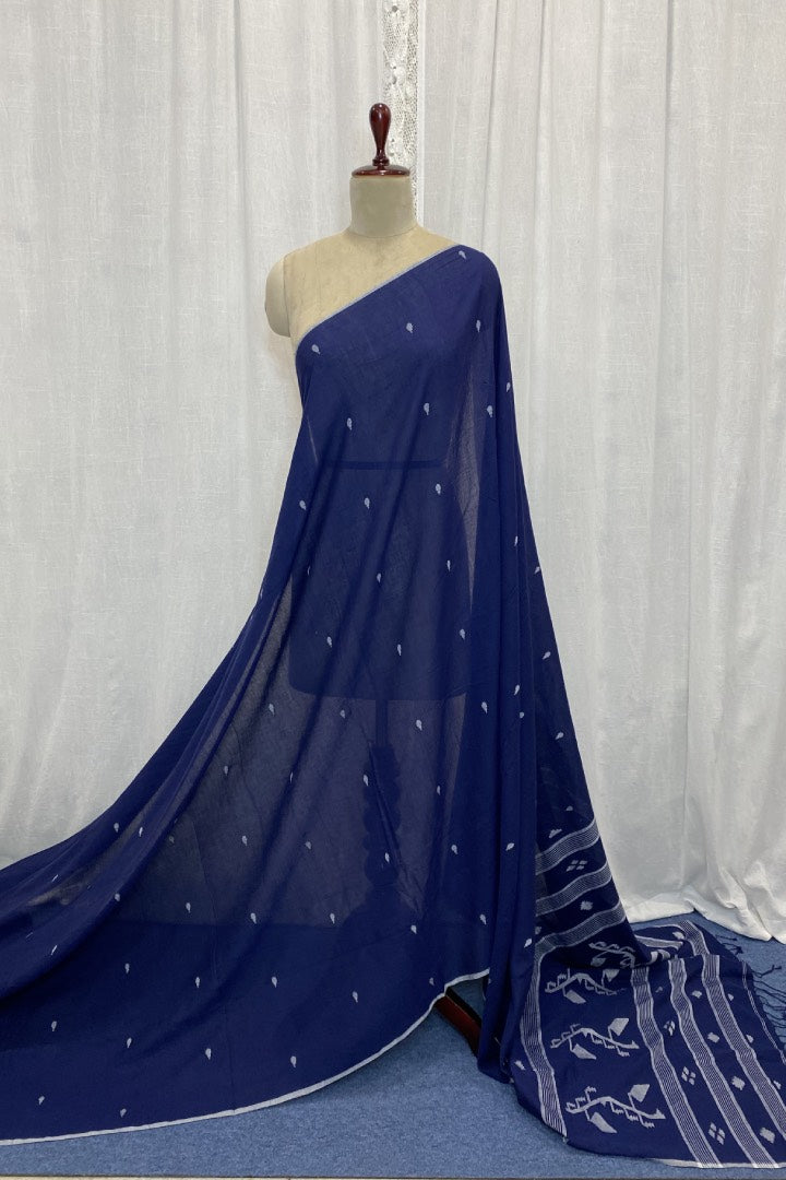 Blue Muslin Jamdani Saree with White Buttis