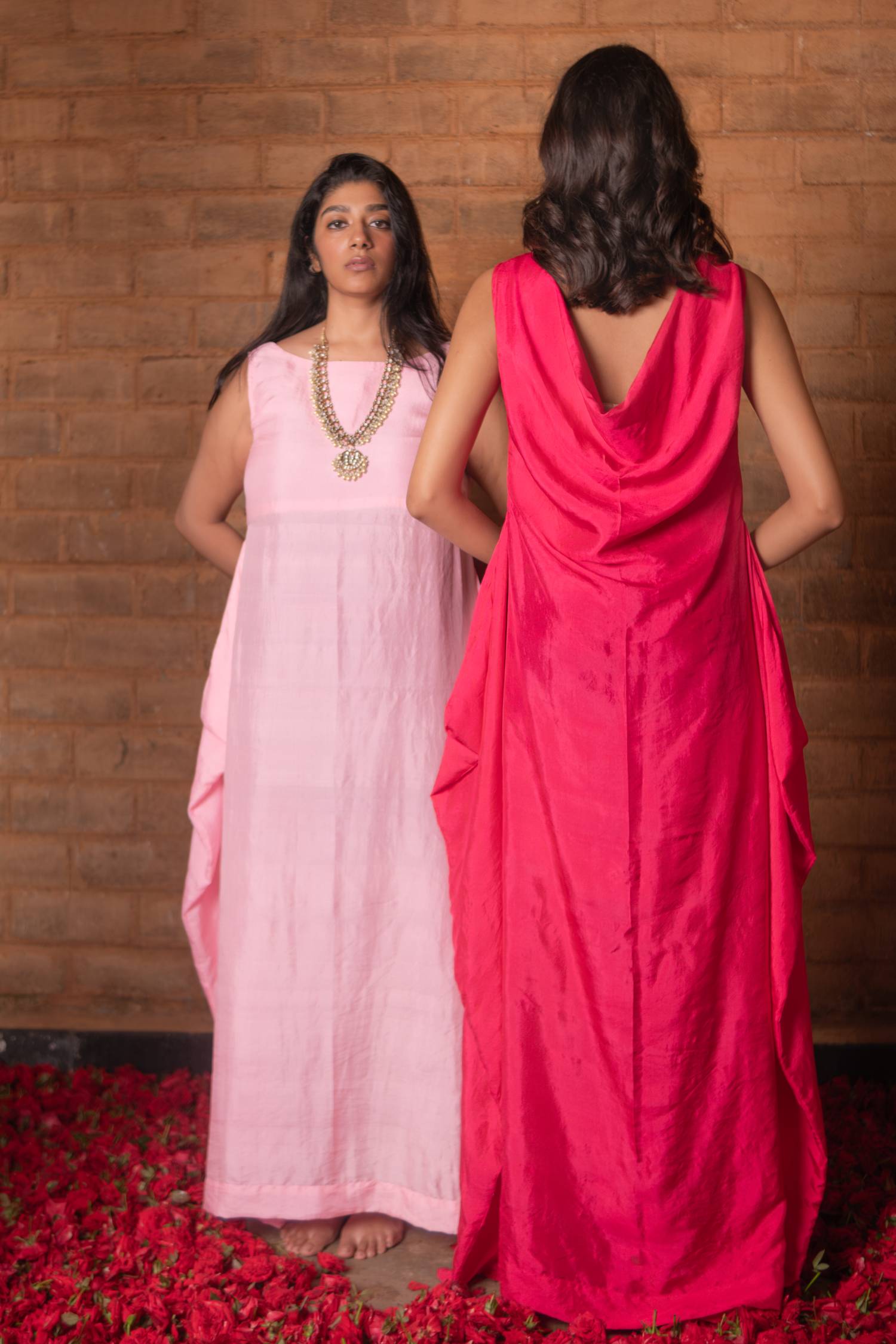 Sleeveless long dress with back cowl neck-Cleopatra Fuchsia