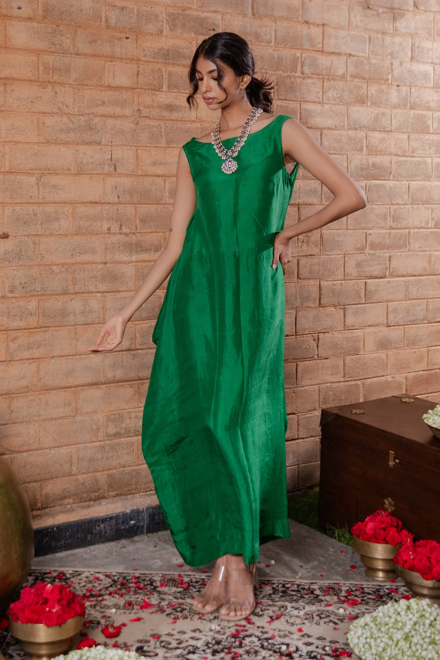 Sleeveless long dress with back cowl neck-Cleopatra Emerald