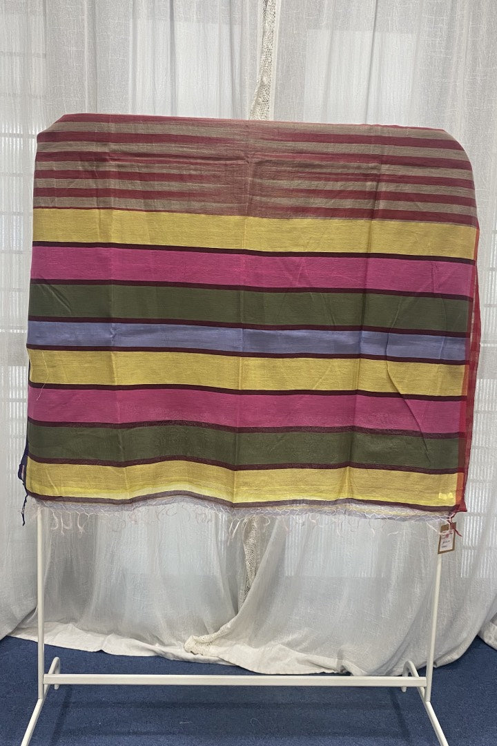 Maroon Striped Silk-Cotton-Linen Saree