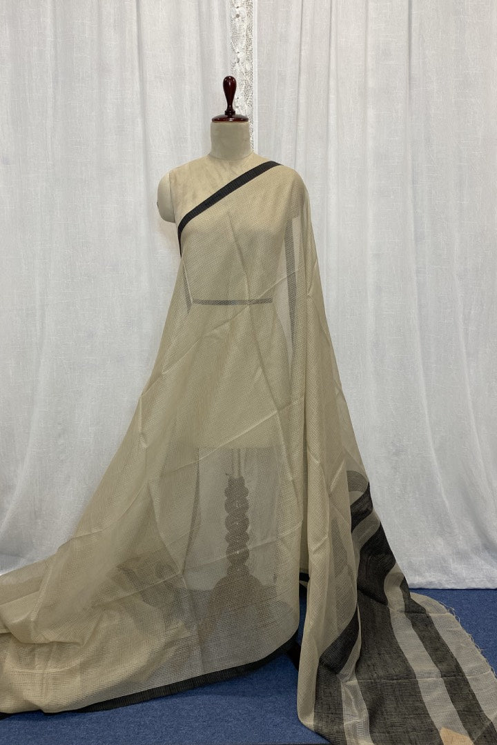 Beige Cotton Silk Saree with Black Gicha Silk