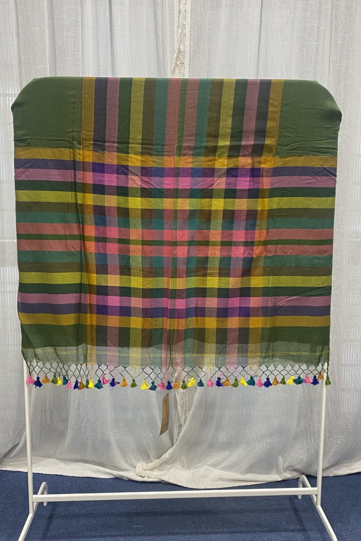 Green Muslin Saree with Multicolour Stripes