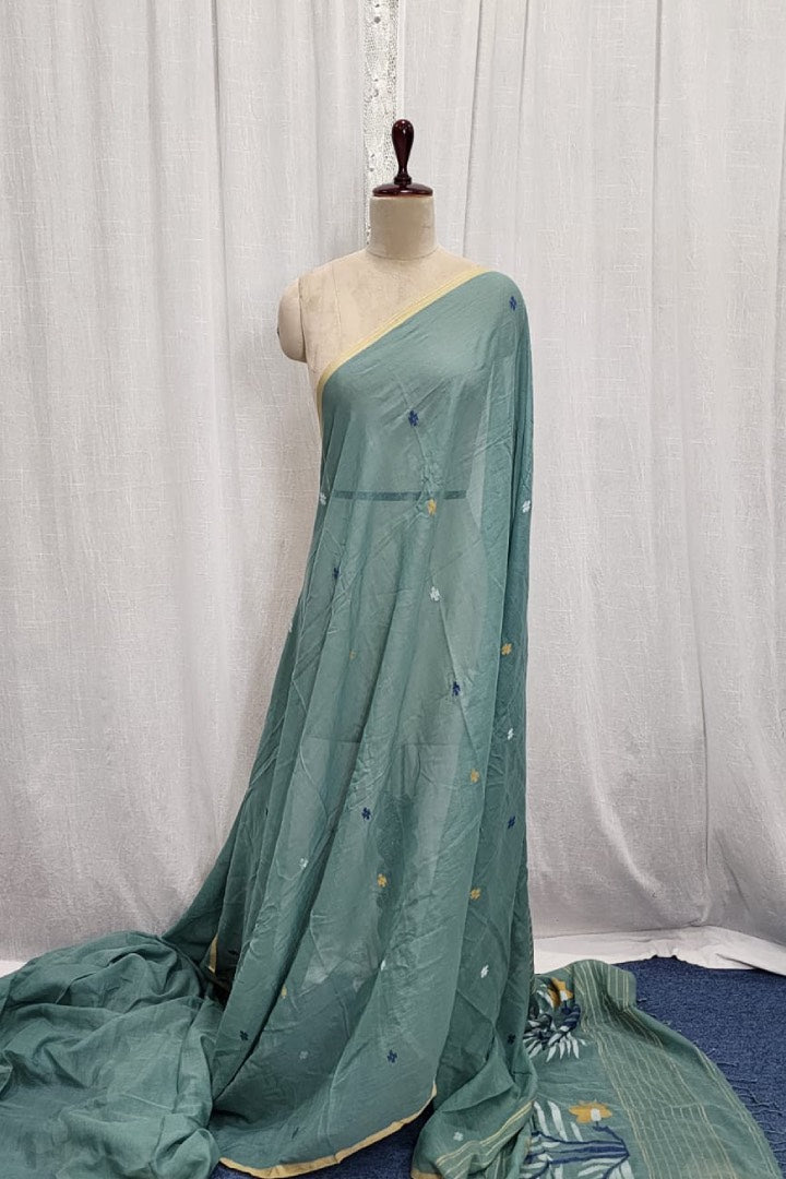 Teal Green Muslin Jamdani Saree