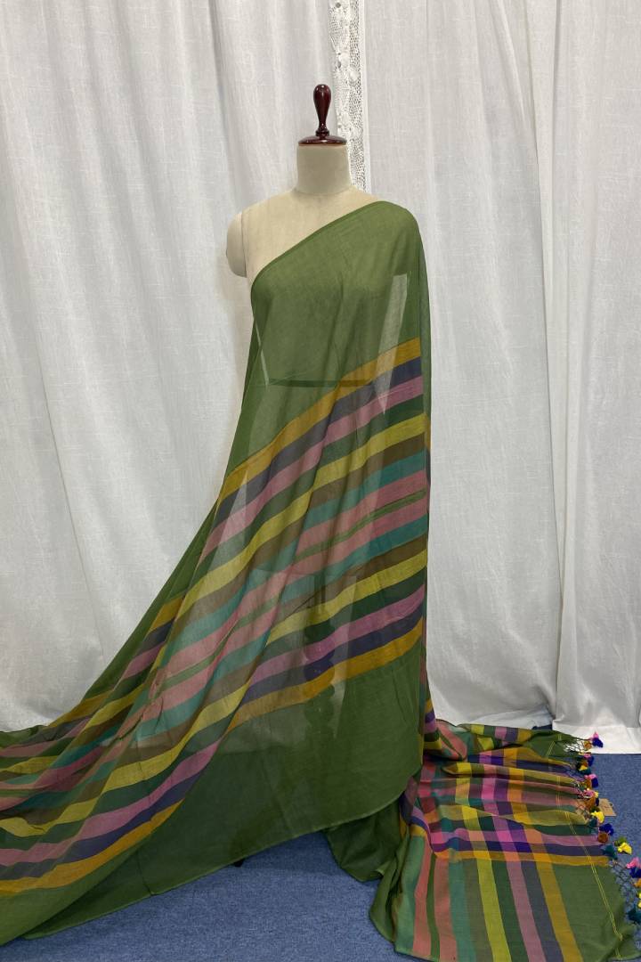 Green Muslin Saree with Multicolour Stripes