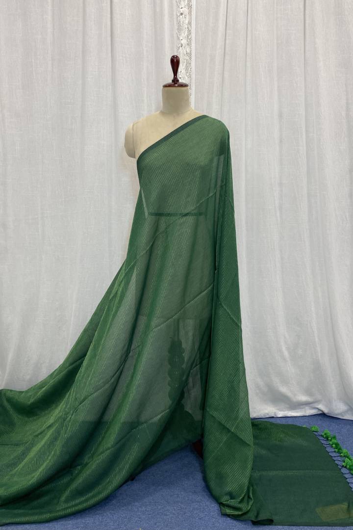 Green Muslin Saree with Golden Stripes