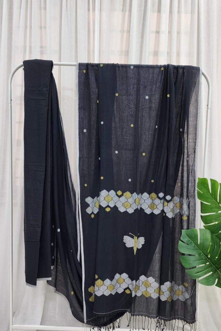 Black Muslin Jamdani Saree with Honeycomb Pallu