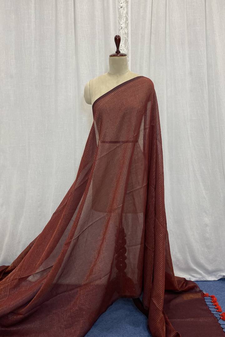 Maroon Muslin Saree with Golden Stripes