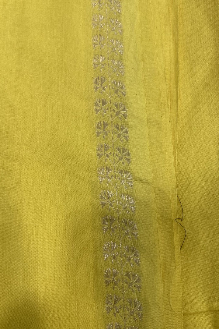 Yellow Muslin Saree with Zari Border