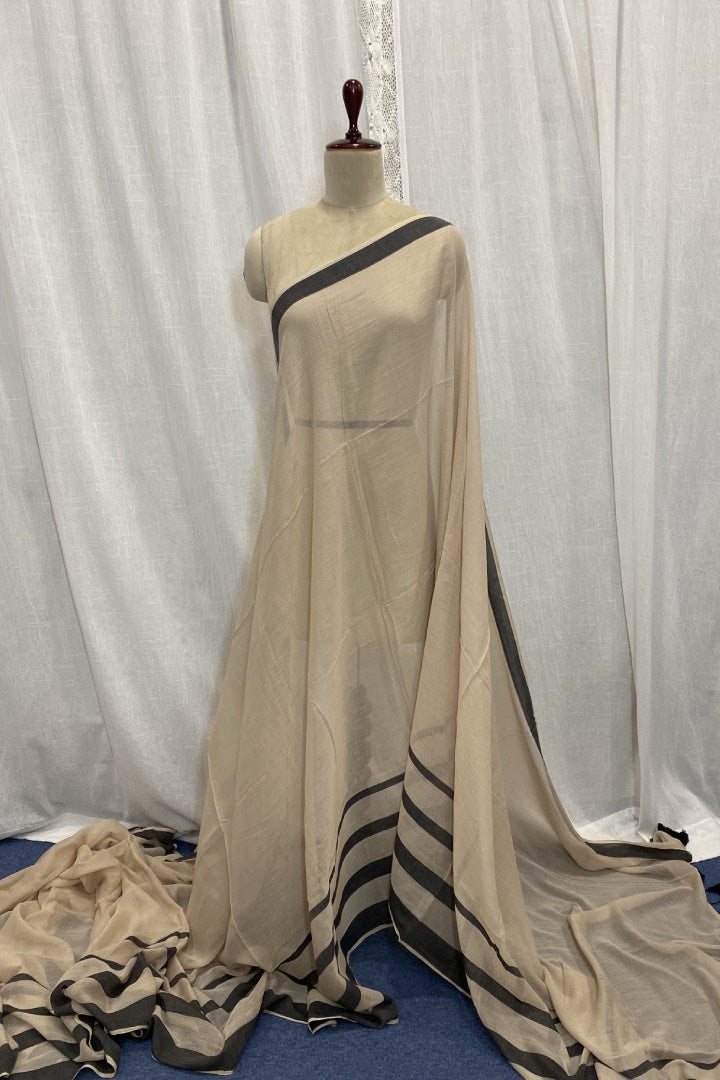 Cream Colour Muslin Saree with Black Stripes