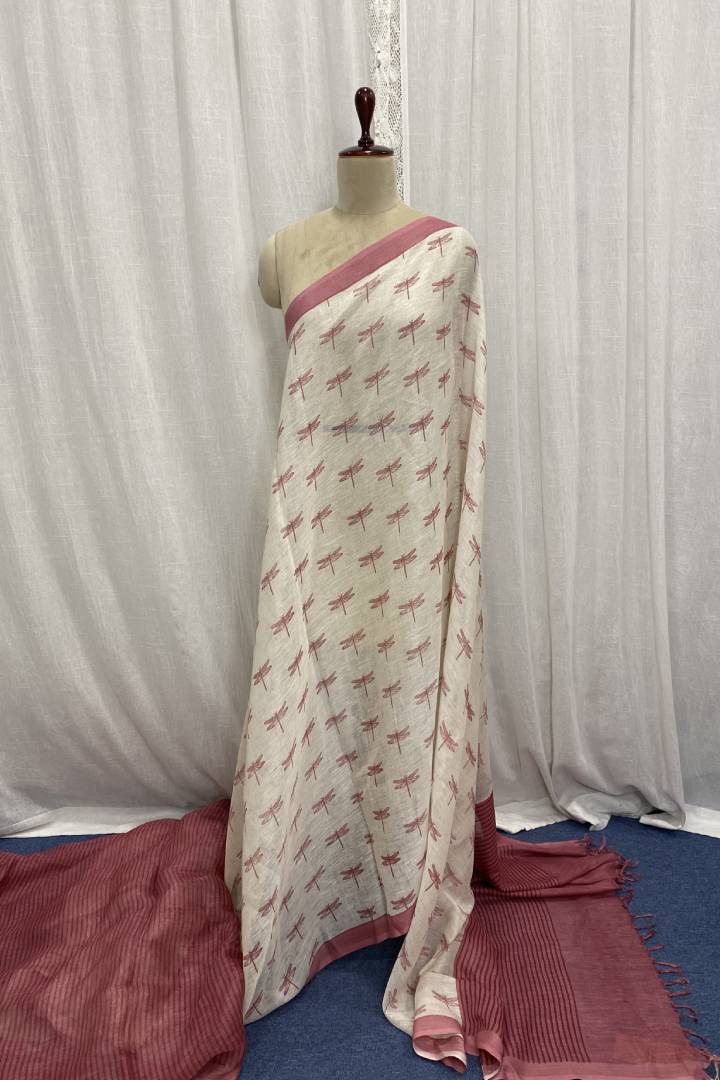 Pink Printed Linen Saree