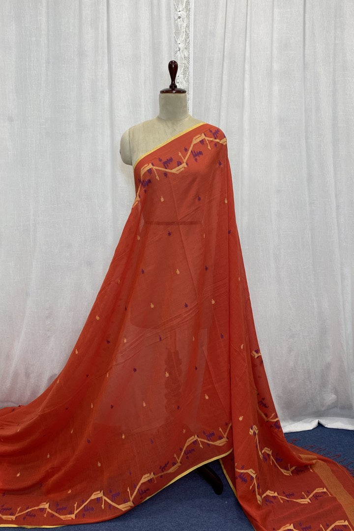 Red-Orange Muslin Jamdani Saree with Intricate Border