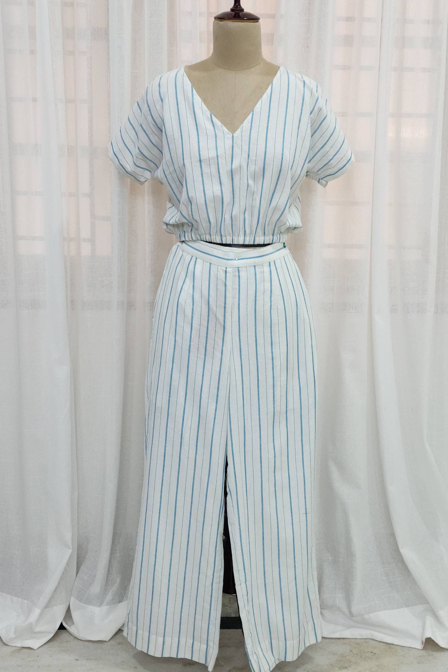 White co-ord set with blue stripes