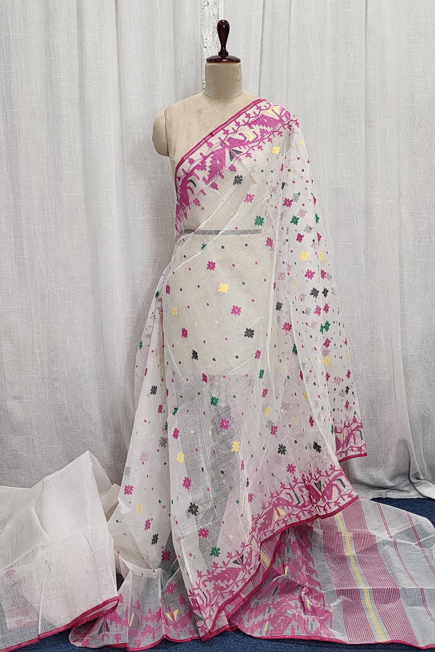 White Dhakai Jamdani with Multicolour Butis & Pink Border