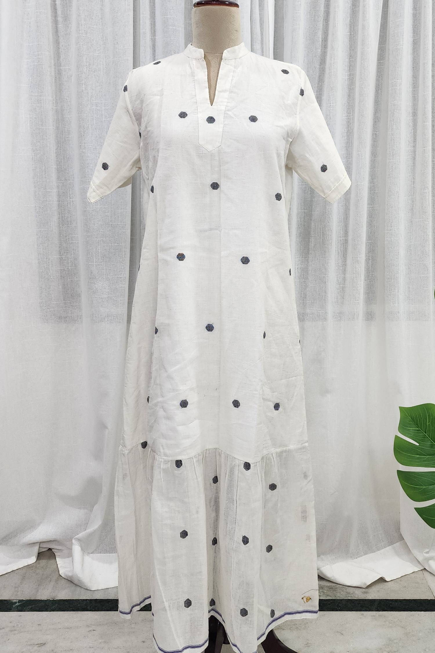 Jamdani white maxi dress with black polka dots